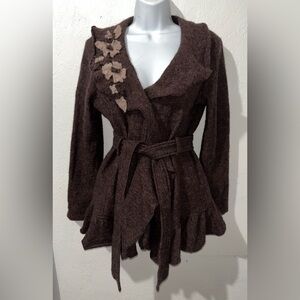 Cynthia Rowley Womens Ruffle Tie Waist Wool Felt Coat Size M Petite Brown Whimsy